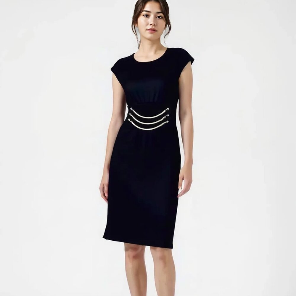 Calvin Klein Black Structured Gold Chain Minimalist Sheath Fit Flare Dress 8 M